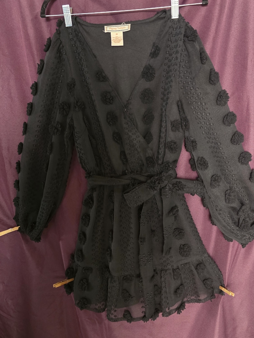 Flying Tomato black polyester mini dress with textured floral embroidery Pom pom